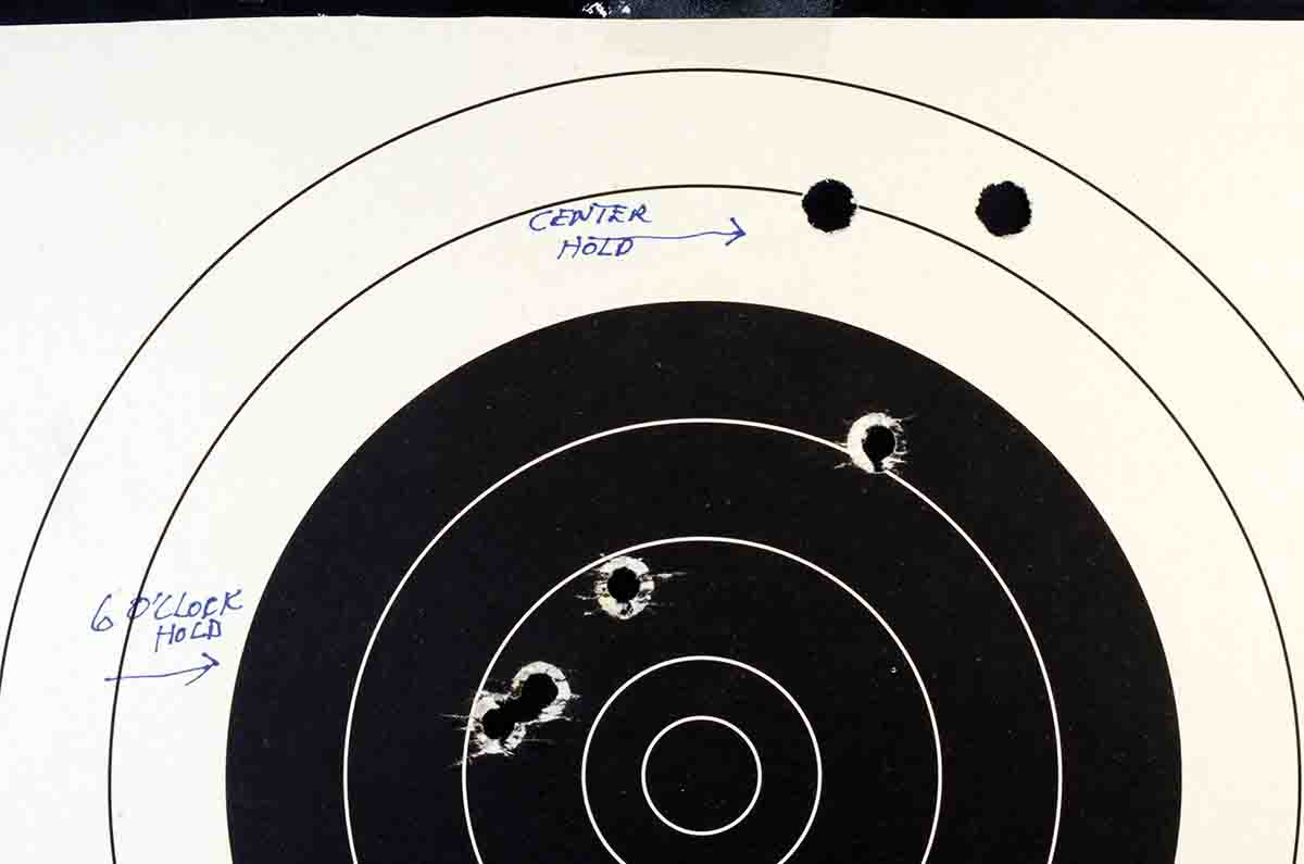 This is how Mike’s Big Fifty Rolling Block shot with the flatnose bullet from RCBS mould 50-450-FN and 60 grains of 1½ Fg Swiss black powder. The two groups were fired consecutively, first using a six o’clock hold, and next, a center hold.